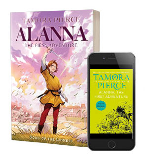 A 3d Print book of Alanna: The First Adventure (her holding up a sword) next to a phone with the new UK cover on it (a green background with a more abstract design)